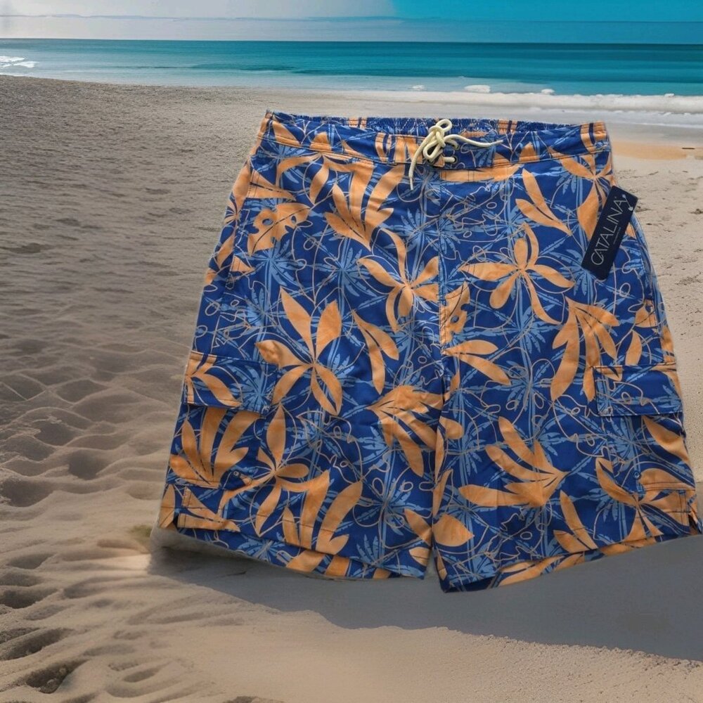Catalina Men's 8" Swim Trunks L Elastic‎ Waist Mesh Liner Side Pockets Blue